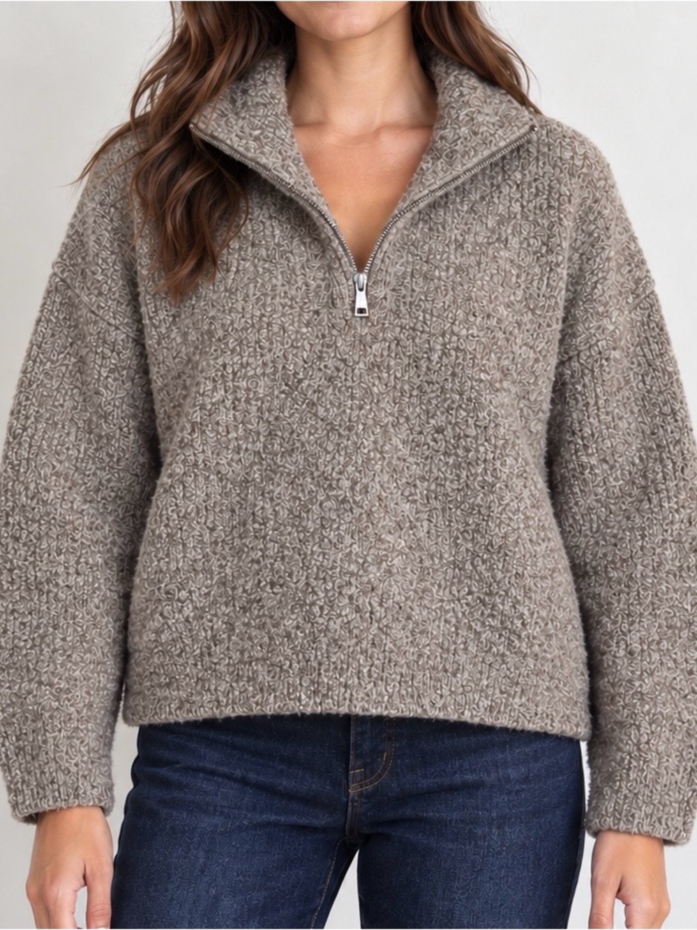 Le Bon Shoppe Andre Bouclรฉ Half-Zip Sweater Taupe Gray M/L